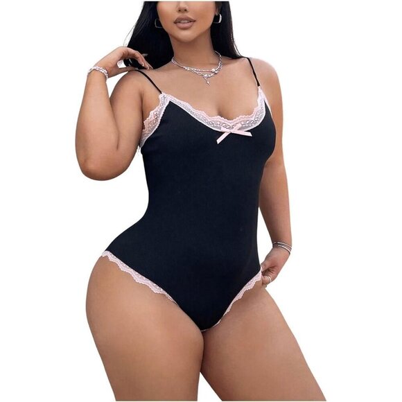 Women's Plus Size Lace Bow Colorblock Cami Bodysuit Scoop Neck Sexy Leotard - Picture 1 of 6